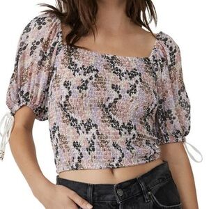 Free People XS Floral Boho Square Neck Puff Sleeves Back On Top Smocked Blouse
